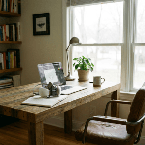 A laptop, respirator mask, and notebook on a wooden desk near a bright window.