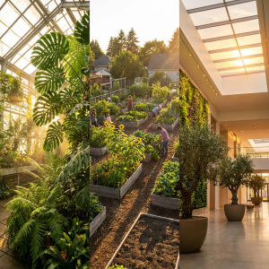 Collage of a lush greenhouse, an outdoor community garden, and an indoor living wall.