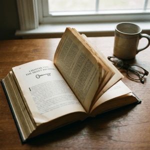 Open book showing 'CHAPTER TEN: THE SILENT ARCHIVE' next to a mug and glasses.