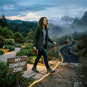 Woman walking beyond a lit boundary labeled 'My Comfort Zone' into a wilderness path