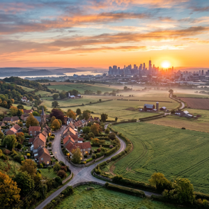 Rural village with houses and farmland under sunrise with city skyline in the distance