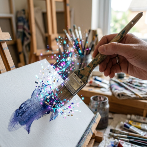 Hand painting on canvas with glowing magical particles emerging from brush