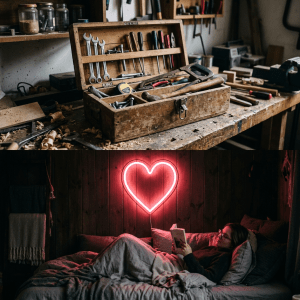 Open wooden toolbox with tools on workshop bench; person reading in bed with neon heart light