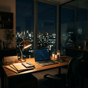Office desk at night with laptop, desk lamp, documents, and city lights visible through large windows