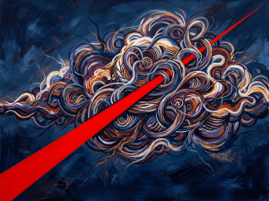 Colorful swirling abstract shapes with a bold red beam crossing diagonally