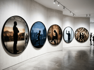 Five circular silhouette artworks depicting people in various poses displayed in an art gallery