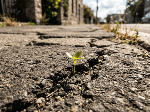 Small green plant sprouting from a crack in a dry paved surface