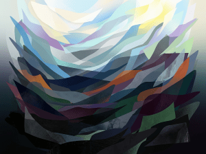 Overlapping translucent shapes in blue, green, purple, orange, and gray forming an abstract composition