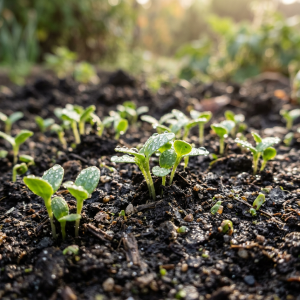 Young green seedlings with droplets of dew growing in soil at sunrise