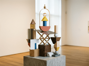 Colorful abstract sculpture composed of geometric shapes such as cones, cubes, and spheres.