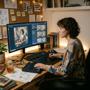 Artist using a graphics tablet while reviewing a portrait on a computer monitor